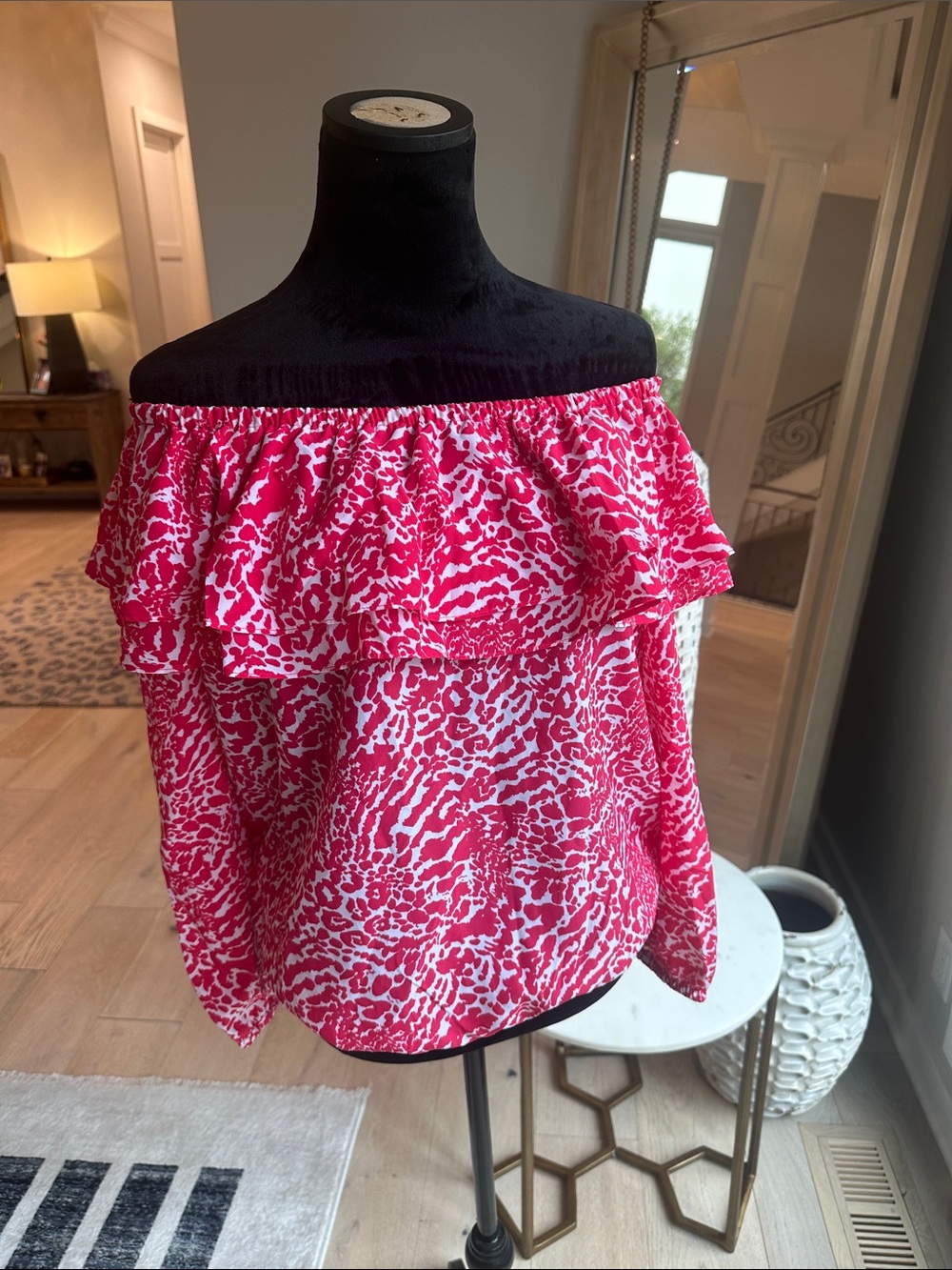 MICHAEL Michael Kors Hot Pink and White Off-Shoulder Ruffle Blouse